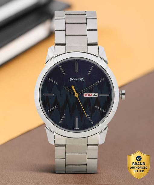 Sonata Knot With Day & Date Blue Dial Silver Stainless Steel Strap Analog Watch - For Men NT77107SM01