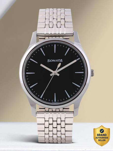 Sonata ESSentials Black Dial Silver SS Strap Analog Watch - For Men NS77082SM01,NU77082SM01