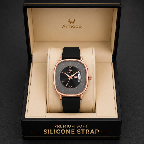 ARMADO AR-MH-1281536-Russian Black Watch for Boys | Rose Gold Case | Black Soft Silicone Strap | Day & Date Analog Watch - For Men