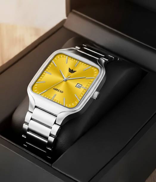 ABREXO Abx8873-Yellow Dial Date Watch ABREXO, Trending Square Silver Yellow Dial Date For Boys & Mens Analog Watch  - For Men