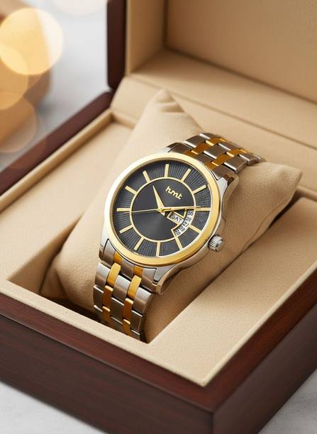 HMT Stainless Steel Chain Black Dial Water Resistant Watch For Mens & Boys Analog Watch  - For Men Day & Date Functioning Two Tone Plated Chain Watch Analog Watch-For Men