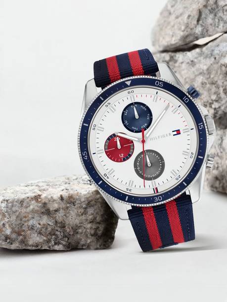 Tommy Hilfiger Multifunction White Dial Blue & Red Nylon Strap Analog Watch - For Men NETH1792035,NTTH1792035