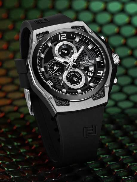 Distinctive and Elegant Silver and Black color silicon strap Analog Watch - For Men NF8051L Honeycomb Design Timepiece
