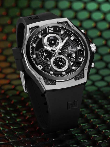 Distinctive and Elegant Silver and Black color silicon strap Analog Watch - For Men NF8051L Honeycomb Design Timepiece