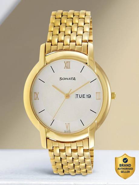 Sonata with Day & Date White Dial Gold Stainless Steel Strap Analog Watch - For Men NP7954YM01W