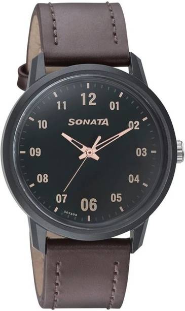 Sonata Volt Dark Green Dial Brown Leather Strap Analog Watch - For Men NS77083YL02W,77083YL02W,NU77083YL02W,NU77085PL02W