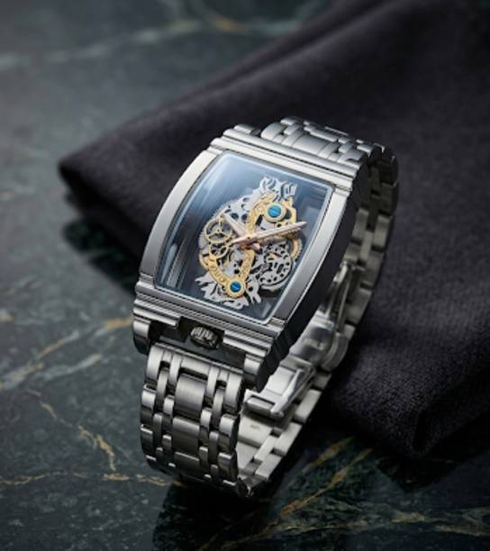 Men’s Stainless Steel Barrel-Shaped Skeleton Analog Watch  - For Men Mastering Mechanics: Brushed Steel Meets Exposed Gears