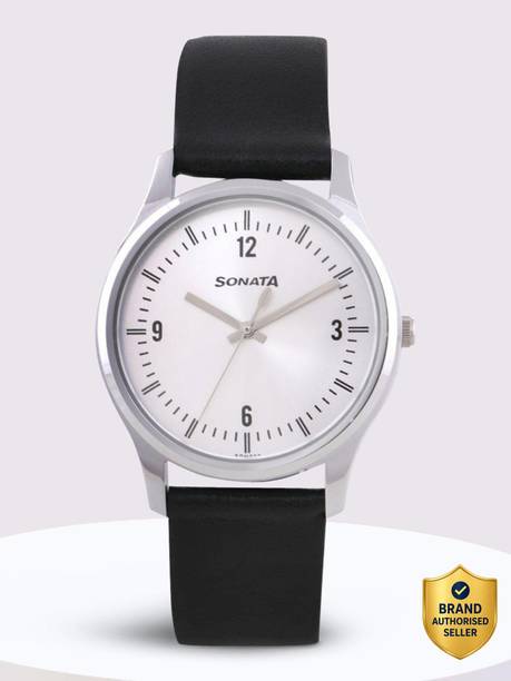 Sonata EStainless Steelentials Silver Dial Black Leather Strap Analog Watch - For Men NT77082SL01W,NP77082SL01W