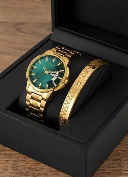 watchstar WATCHSTAR Royal Gold Edition - Green Dial Men's Watch & Bracelet Combo Day Date Golden Analog Watch  - For Men