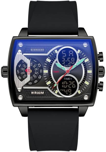 Analog-Digital Watch - For Men Square Black Dial – Triple Time Zone Display with Silicone Strap GZ-50161-01