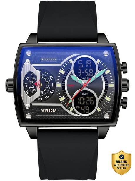 Analog-Digital Watch  - For Men Square Black Dial – Triple Time Zone Display with Silicone Strap GZ-50161-01
