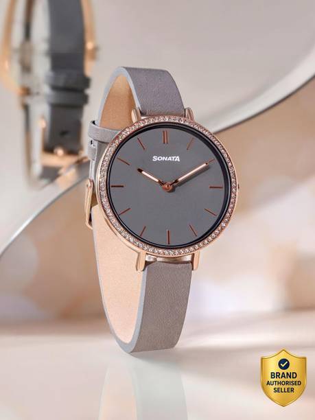 Sonata Quartz Grey Dial Grey Leather Strap Analog Watch - For Women 87070WL01,NU87070WL01