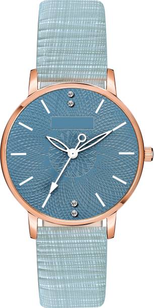 Elegant Crystal Blue Dial with Rose Gold Case & Textured Leather Band Girls Analog Watch  - For Women ML_316