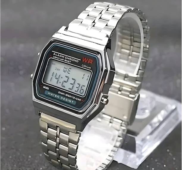 RSM Stainless Strap silver Digital Watch Waterproof Alarm Stopwatch Trendy Chain Strap Series Digital Watch  - For Men & Women