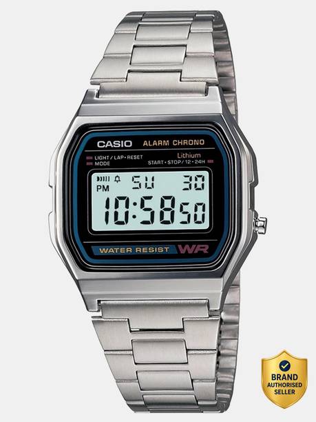 Vintage A158WA-1DF Black Dial Silver Stainless Steel Band Digital Watch - For Men & Women D011
