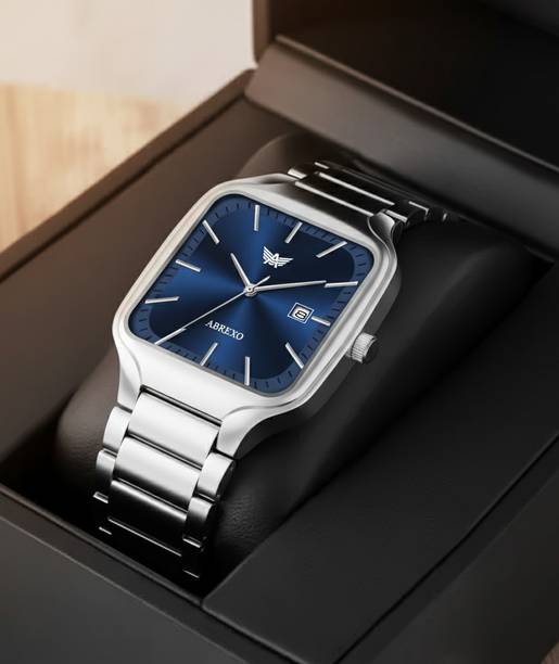 ABREXO Abx8875-Blue Silver Date Watch Causal Trending New Designer Square Chain Blue Dial Date Analog Watch  - For Men