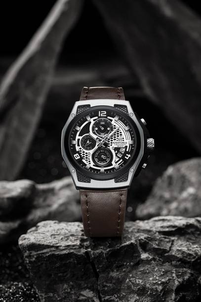 NAVIFORCE Distinctive and Elegant Silver and Brown color Genuine Leather Analog Watch  - For Men NF8051L Honeycomb Design Timepiece