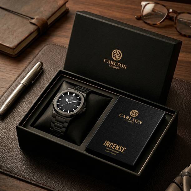 Arthur Analog Watch - For Men Gift Set Black Dial Watch & Incense Parfum (50 ml) - CLPLG131