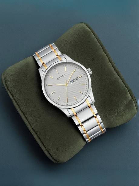 Titan Lagan White Dial Silver & Gold MetalStrap Analog Watch - For Men NT1775BM02,95160WM01,1775BM02