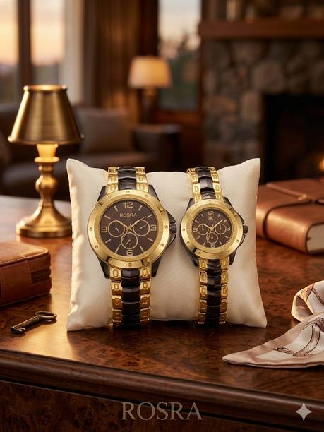 RCombo ROSRA Luxury Analogue Brown Dial Gold & Black Stainless Steel Strap Couple Watch Rosra Two-Tone Combo Watch Analog Watch  - For Couple