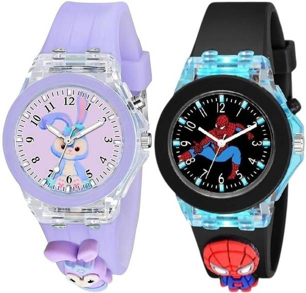 Spider new::3D Lina Bell Cartoon Kids Analog Watch | 7 Multicolor LED Lights Analog Watch  - For Boys & Girls G- kid Disco WCH -Spider man_G- kid Disco WCH -allin Purple