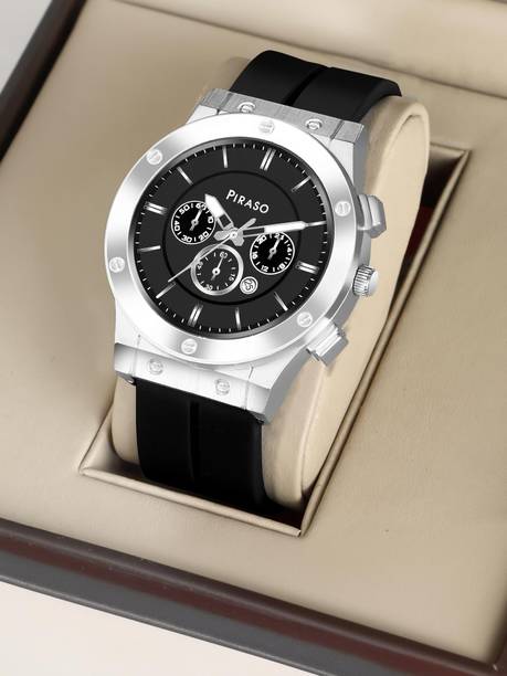 Piraso Black Date Dial & Black Silicone Magnetic Lock Strap Analog Watch For Men Analog Watch  - For Men HUB 2022 SILVER BLACK MAGNETIC STRAP
