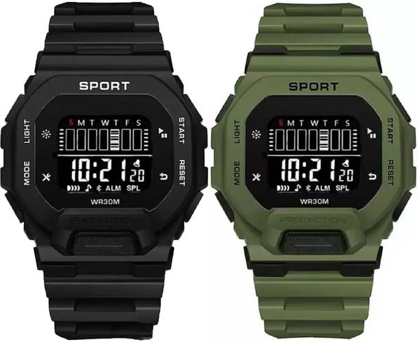 Combo OF 2 Multi-Functional Multi-Light With Alarm Digital Watch  - For Boys Sport Digital Silicon Strap Light Weight Square Dial