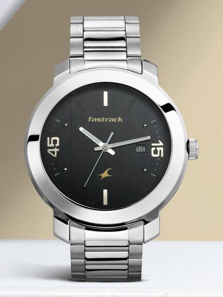 Fastrack Bare Basics with Date Black Dial Silver SS Strap Analog Watch - For Men NT3246SM02