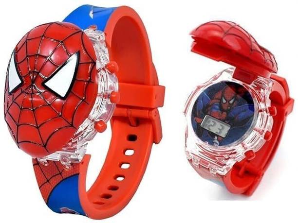 Multicolor LED Disco Lights Cute Cartoon Character Digital Watch  - For Boys & Girls Spiderman Kids Watch Glowing Light with Musical Tune Watch for Boys 3-10 Year