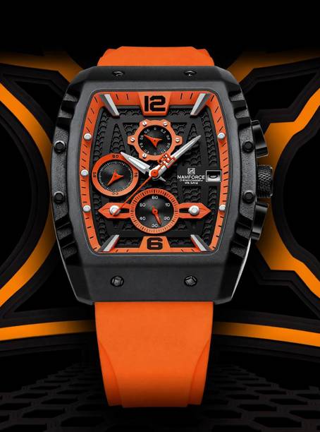 Orange and black chronograph dial with soft stylish silicon strap waterproof Analog Watch - For Men 8025 multifunctional new square design