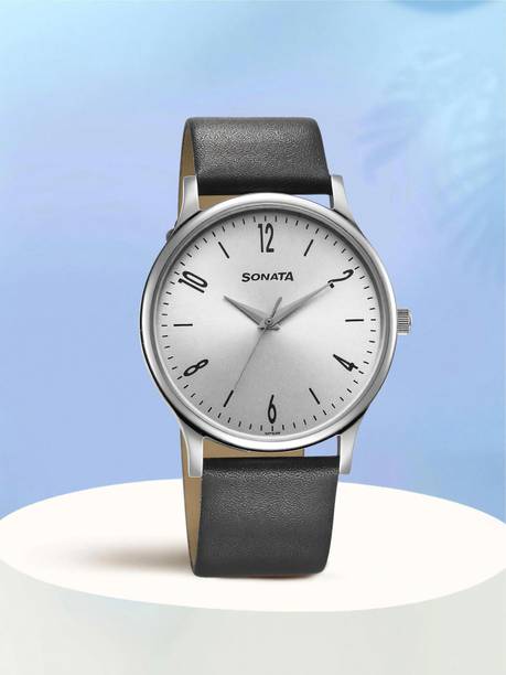 Sonata Aspire Silver Dial Grey Leather Strap Analog Watch - For Men 77105SL15W