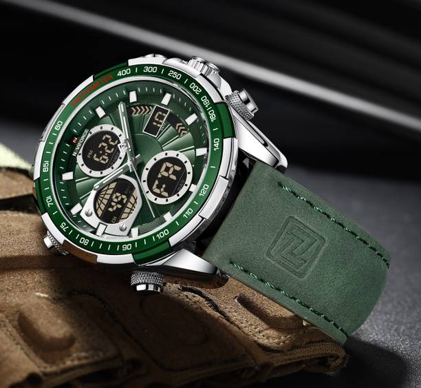 Stylish green leather strap with multifunctional waterproof stylish watch Analog-Digital Watch - For Men 9197L leather green color professional multifunctional