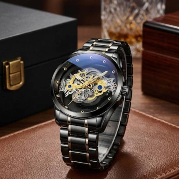 Minimalist Hollow Out Dial Automatic Watch - Black Analog Watch  - For Men Steampunk Style Black Stainless Steel Mechanical Watch