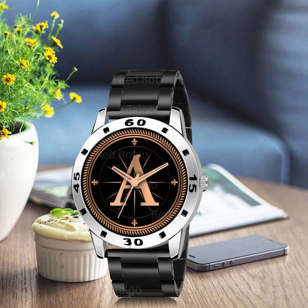 Red Robin ALPHA-A-AVO-SIL-CDBLK Fancy Design Stylish ALPHABET A Dial Black Leather Strap Men Wrist Watch Analog Watch  - For Boys