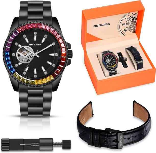 Benling Skeleton Dial | With Interchangeable Leather Strap Stainless Steel Chain Analog Watch  - For Men Prism Royale – Rainbow Bezel Automatic Watch with Open Heart Dial