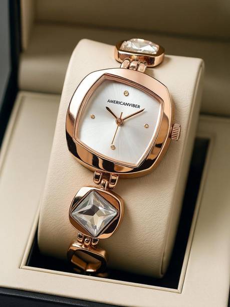 Square Dial Ladies Wrist Watch - Bracelet Lock Stone Studded Rose Gold Analog Watch  - For Women AV0027
