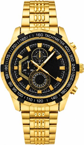 QUANTEX Tachymeter Bezel Gold-Plated Stainless Steel Chain Analog Watch For Men Men's Luxury Gold-Tone Analog Watch with Black Dial | Tachymeter Bezel Analog Watch  - For Men