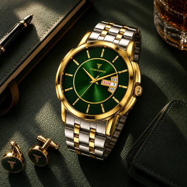 TIMEWORKS Analog Day & Date Watch for Men with Two Tone Gold Silver Metal Strap Gold Case Analog Day & Date Watch for Men with Two Tone Gold Silver Metal Strap Gold Case Analog Watch - For Men