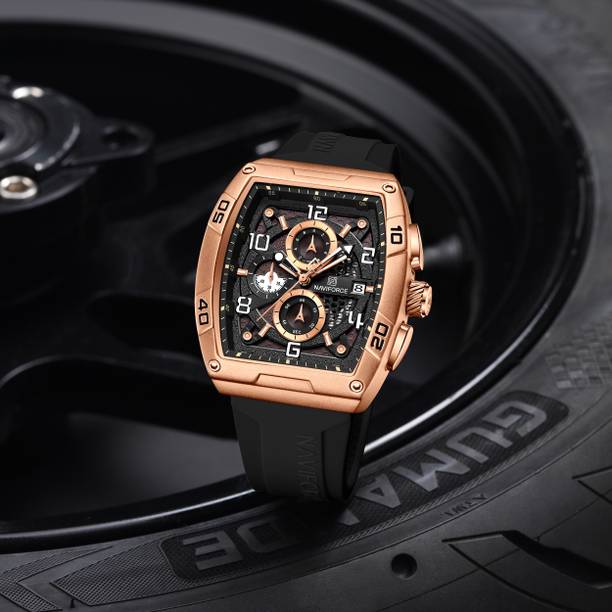 Rosegold & Black Luminous Hollow Dial with three chrongraph function Analog Watch - For Men NF8052 Barrel-shaped silicone strap timepeice