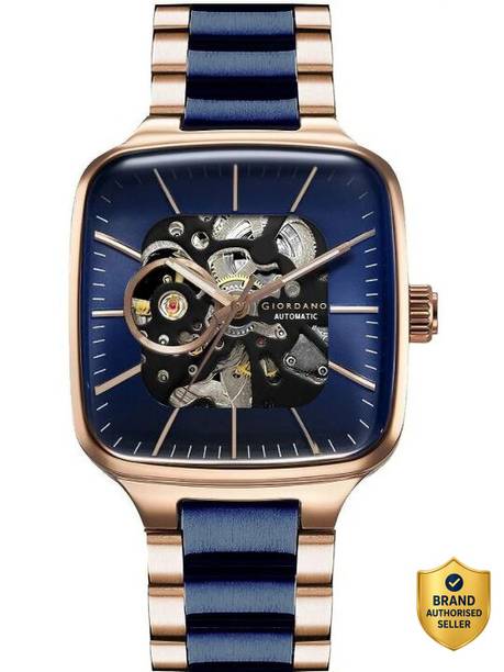 GIORDANO Automatic Skeleton Square Dial, Stainless Steel Strap, Mechanical Movement Analog Watch - For Men