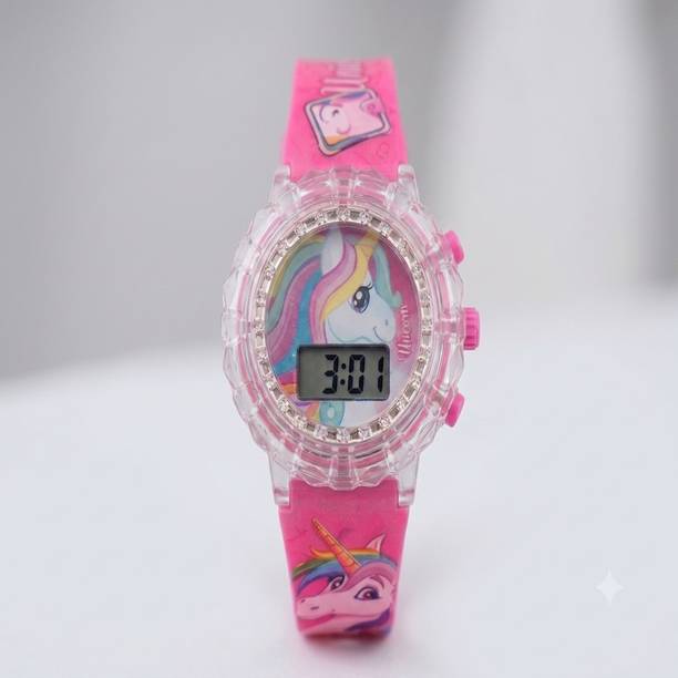 Shiny Diamond Studded Dial Cartoon Wrist Watch Digital Watch  - For Girls Premium Kids Pink Unicorn Digital Watch for Girls