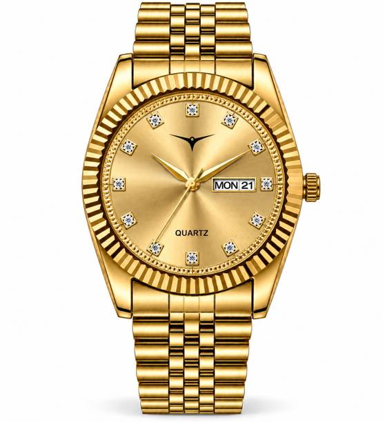 ANSHIKA COLLECTION ANC-fk-RLX-001-DD STL FULL GOLD Boys Analog Watch with Gold Dial Day Date Metal Link Bracelet Analog Watch  - For Men