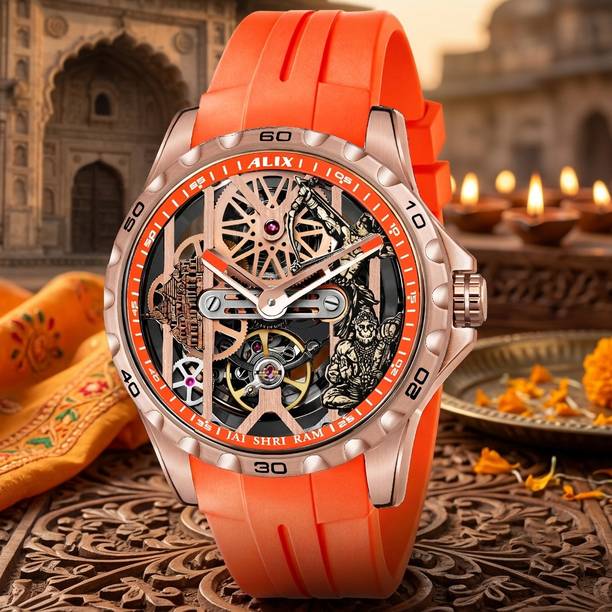 Silver Ram mandir With Lord Rama and hanuman ji Dial and Orange Silicon Strap Analog Watch  - For Men AL2925T Skeleton Devotional Dial