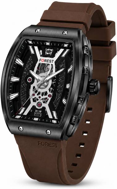 FOREST Men's Quartz Watch Grey Skeleton Dial Brown Band Tonneau Case Analog Watch  - For Men