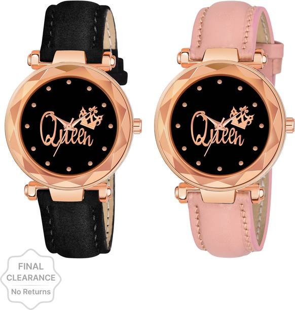 Analog Watch  - For Women Pack of 2 Queen Dial Leathers Strap Luxury Black and Pink Analog Girls