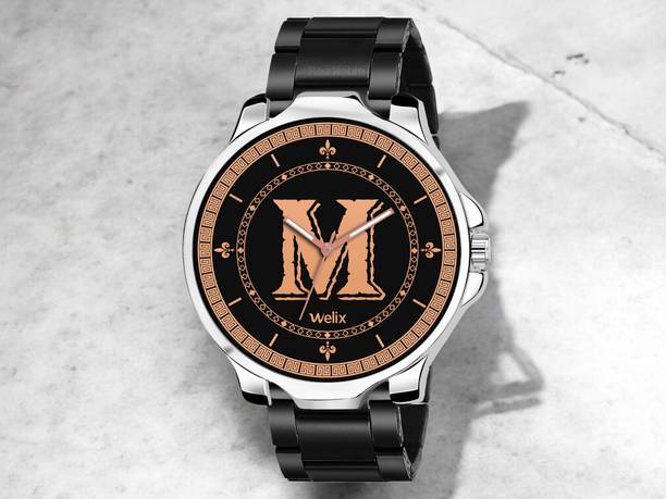 Gadgets World WX-ALPHA-M-3K-SIL-CDBLK Fancy Design Stylish ALPHABET M Dial Black Leather Strap Men Wrist Watch Analog Watch  - For Boys