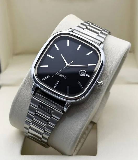 Diatech Stainless Steel Analog Watch  - For Men Date Functioning Square Black Dial and Stainless Steel With Adjustable Chain