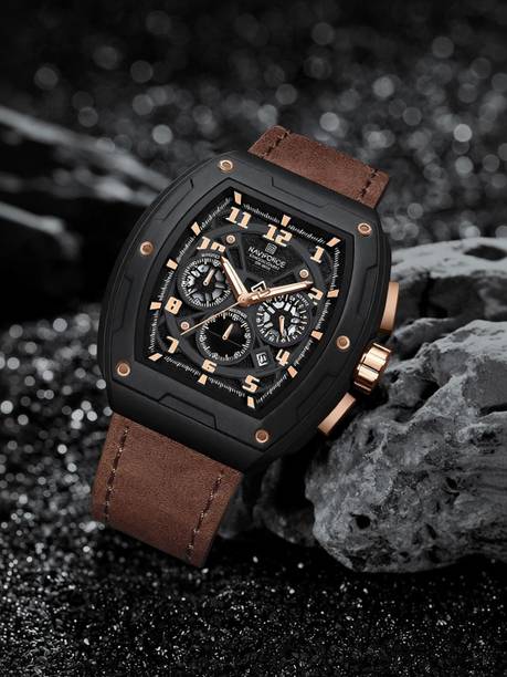 Dynamic view Black&Rosegold multifunctional dial with Brown genuine leather belt Analog Watch - For Men NF8053 Barrel's shaped case with hollowed dials
