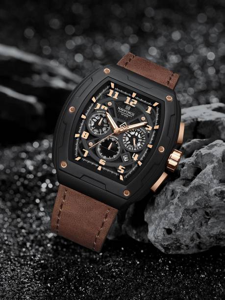 Dynamic view Black&Rosegold multifunctional dial with Brown genuine leather belt Analog Watch - For Men NF8053 Barrel's shaped case with hollowed dials