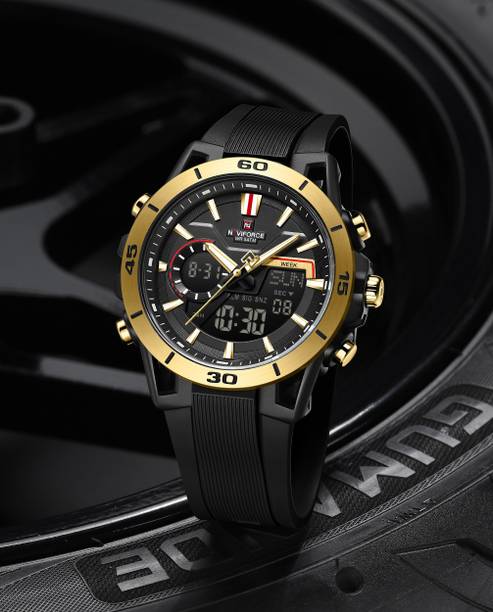 Rugged Black-Gold Dual-Display Tactical Watch on Silicone Strap Analog-Digital Watch  - For Men NF7135 B-G-B Professional Multifunctional Watch